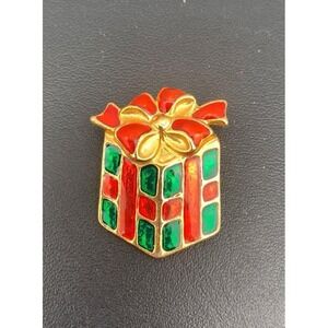 Vintage AAI Christmas Gift present enamel gold tone Brooch